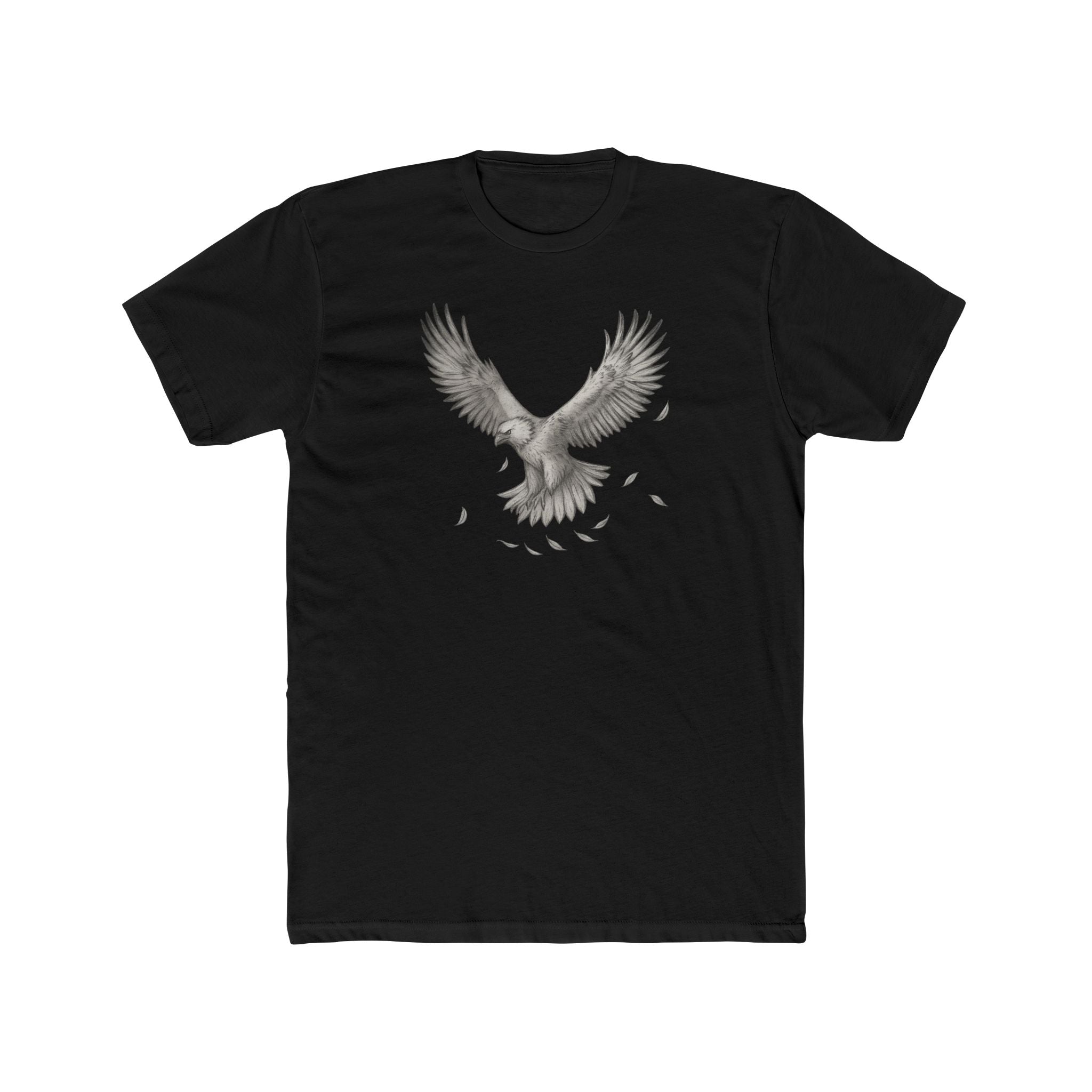 Black t-shirt with a white eagle design on a white background