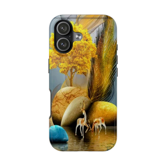 Artistic Golden Forest Phone Case — Deer & Pebble Landscape Tough Case