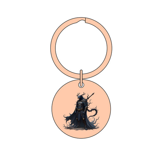 Round Stainless Steel Keychain β Engraved Dark Fantasy Knight / Mountain Night Design