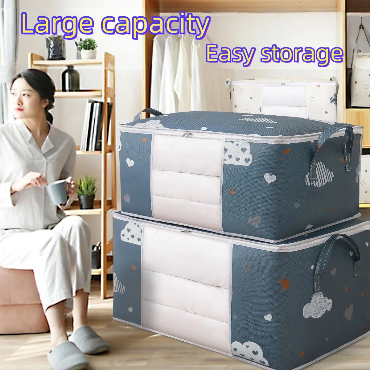 Large Capacity Clothes Storage Bag Organizer With Reinforced Handle Suitable For Blankets Bedding Foldable With Sturdy Zipper