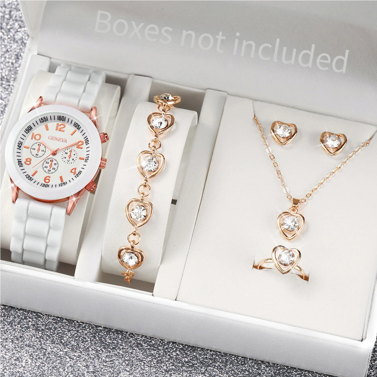 5PCS Set Luxury Watch Women Ring Necklace Earrings Rhinestone Fashion Wristwatch Female Casual Ladies Watches Bracelet Set Clock