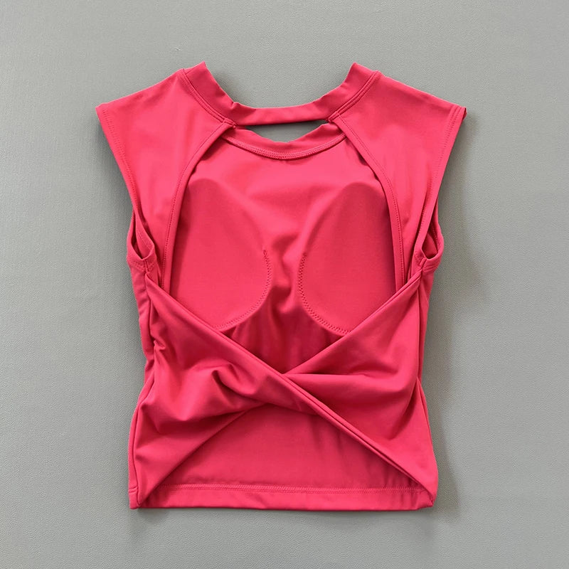 Sexy short backless fixed chest pad sports T-shirt vest women&