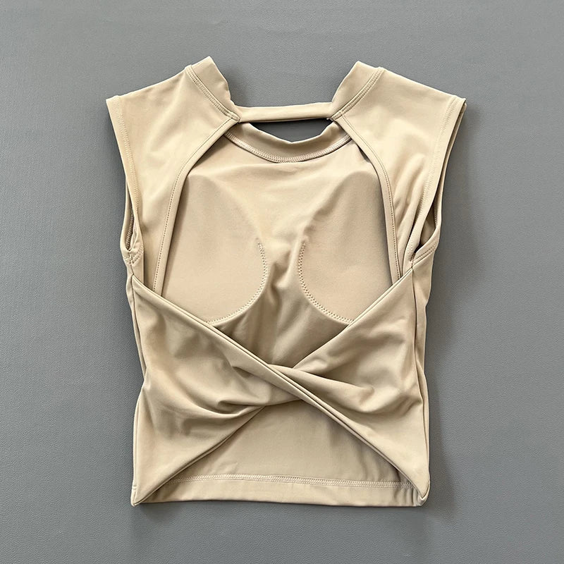 Sexy short backless fixed chest pad sports T-shirt vest women&