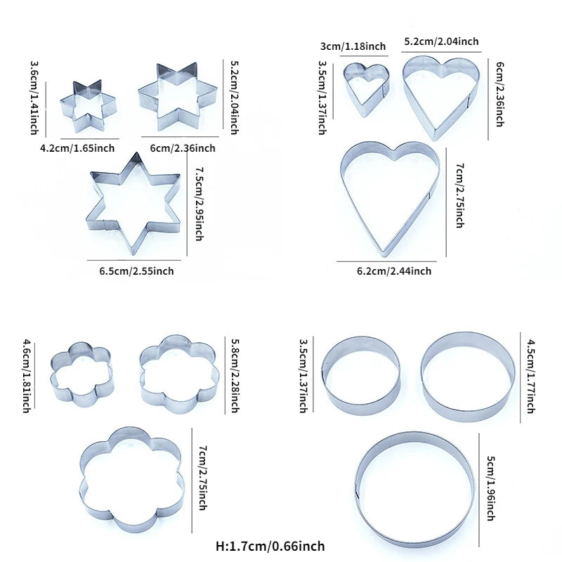 12 Piece Set of Stainless Steel Biscuit Cutting Molds, Baking Molds, Kitchenware Tools, Clay Molds, Hearts, Stars, Flowers, CIRC