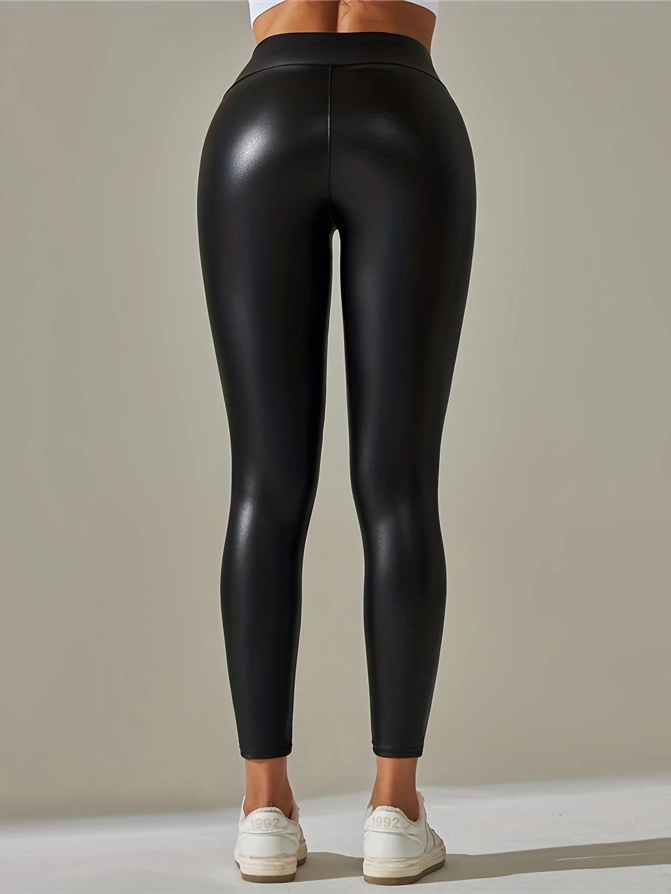 Gothic Solid PU Leather High Waist Leggings, Casual Skinny Long Length Sexy Leggings, Women&