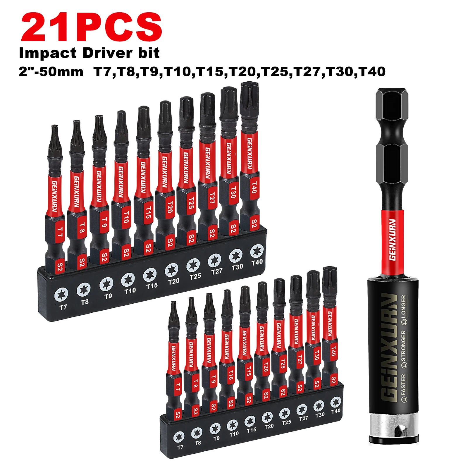 T7-T40 Torx Screwdriver Bit Set,Impact Tough Magnetic S2 Alloy Steel Star Bit with Base