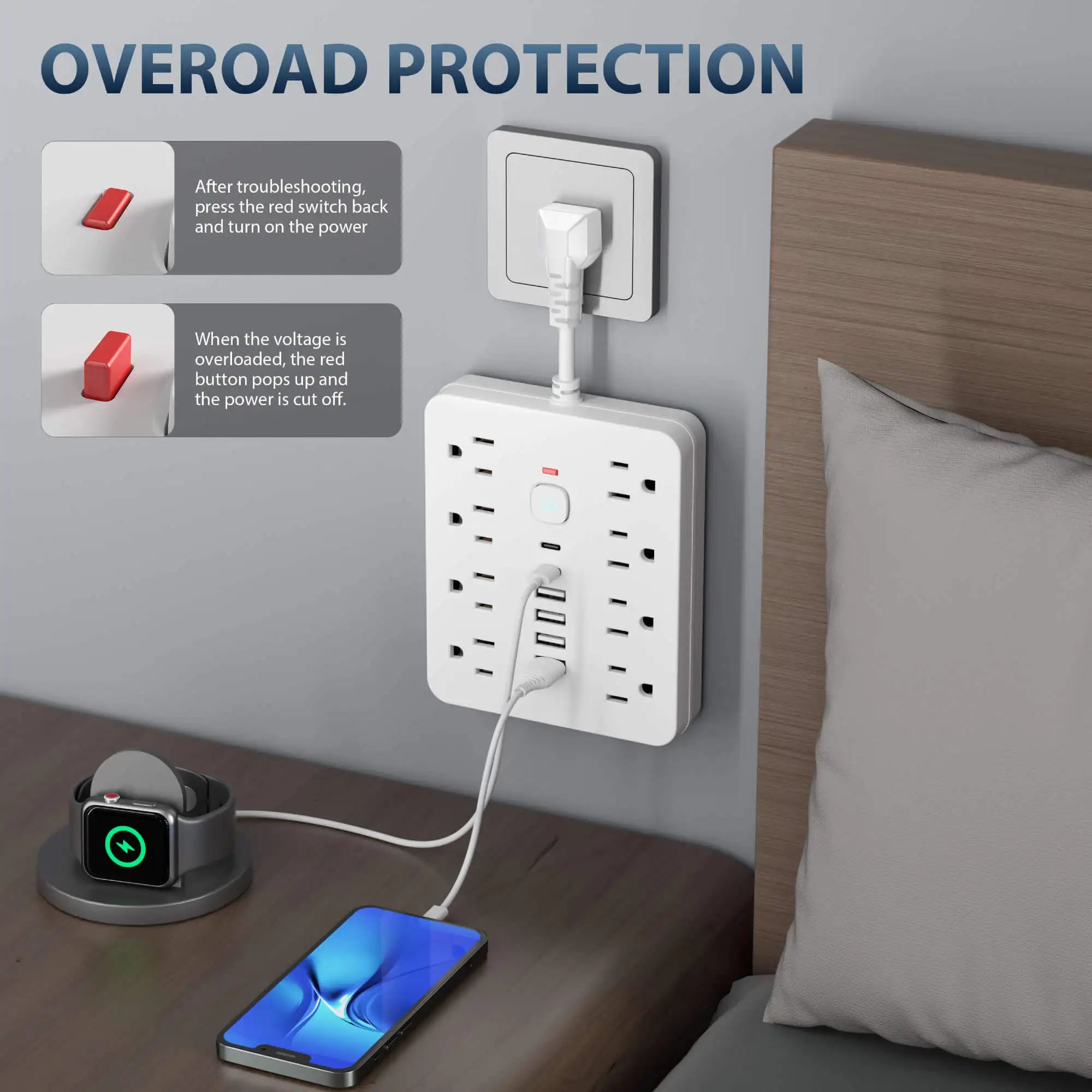 Power strip Surge protection and control switches. 8 AC power outlets and 6 USB ports (2 TYPE-C ports) in a short-cord design.