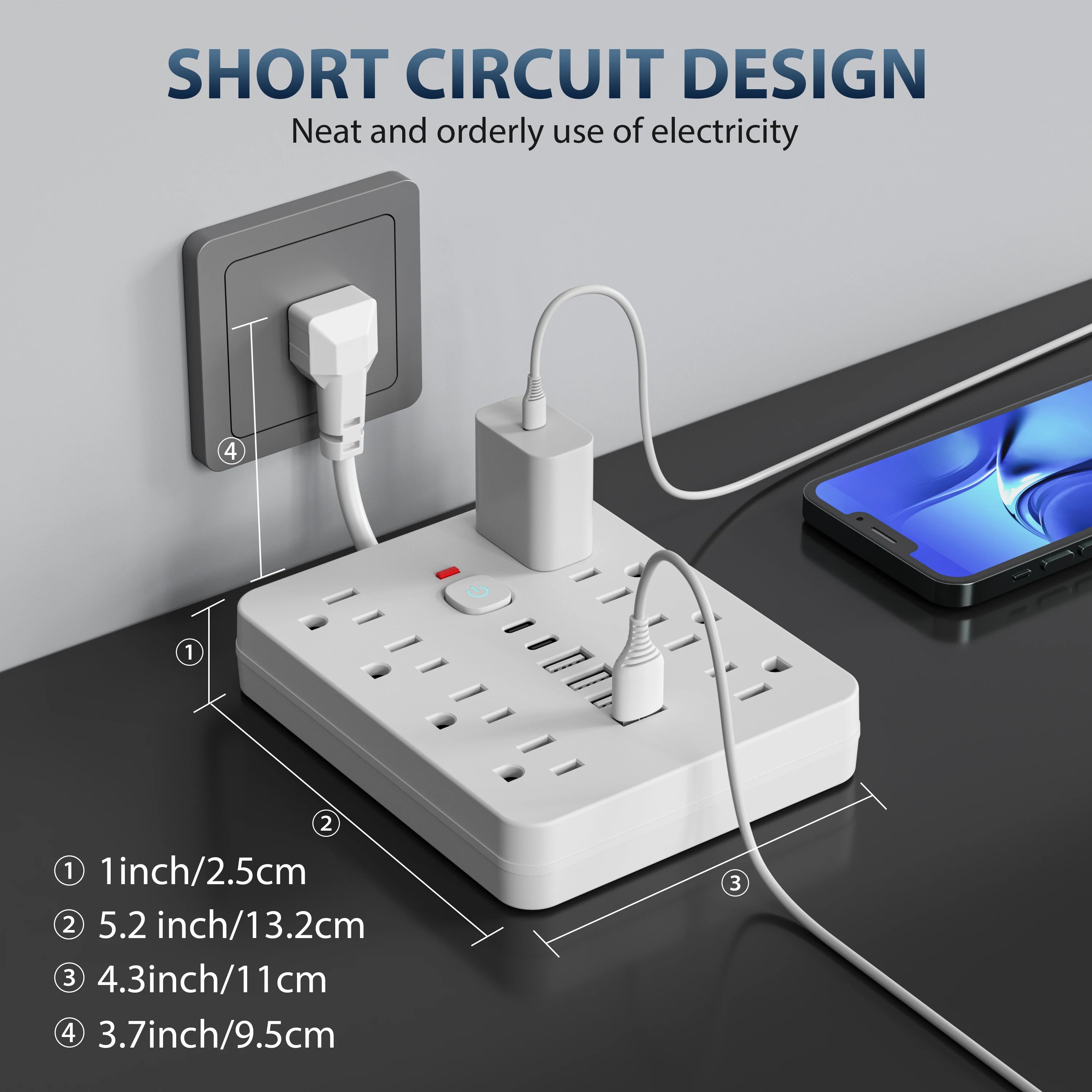 Power strip Surge protection and control switches. 8 AC power outlets and 6 USB ports (2 TYPE-C ports) in a short-cord design.