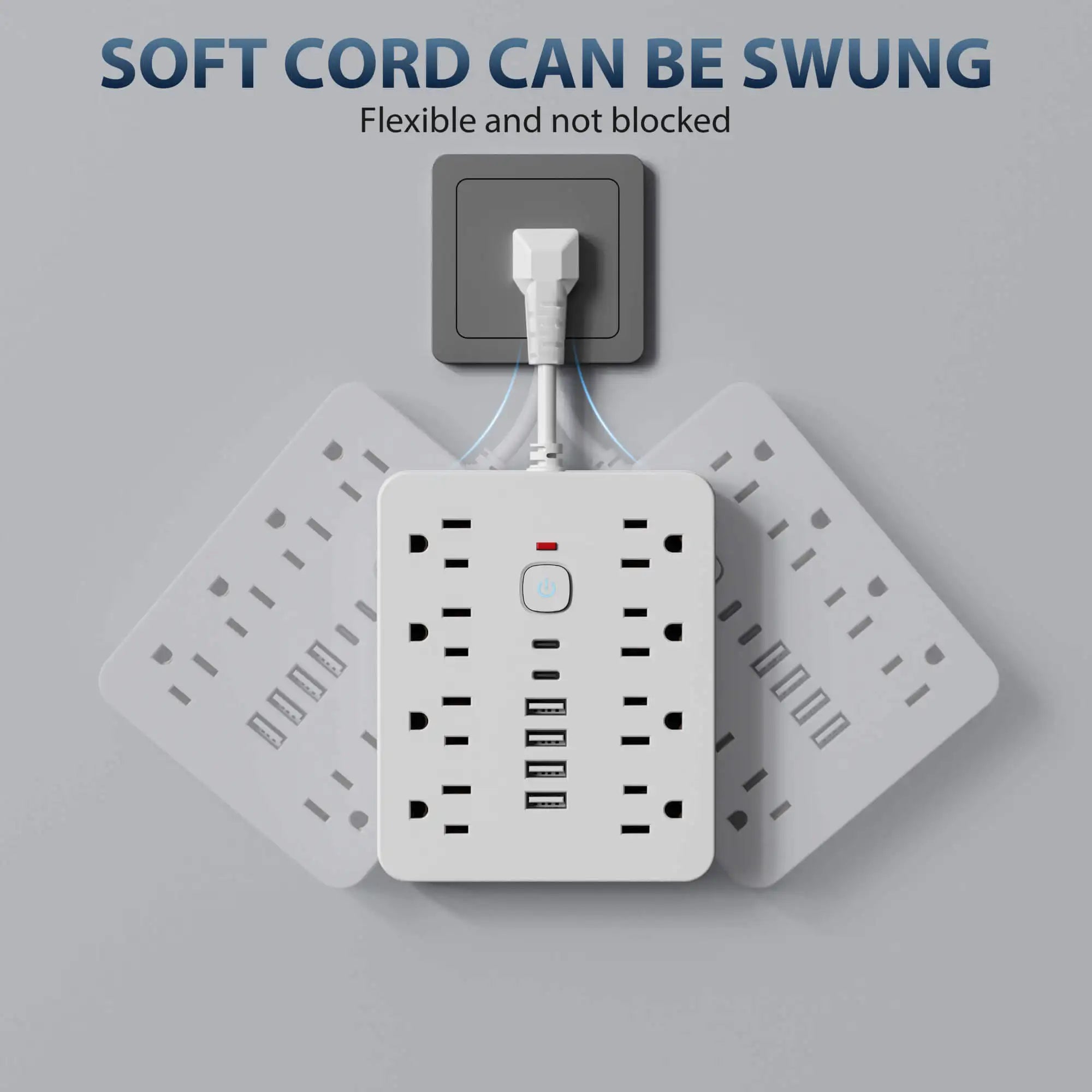 Power strip Surge protection and control switches. 8 AC power outlets and 6 USB ports (2 TYPE-C ports) in a short-cord design.
