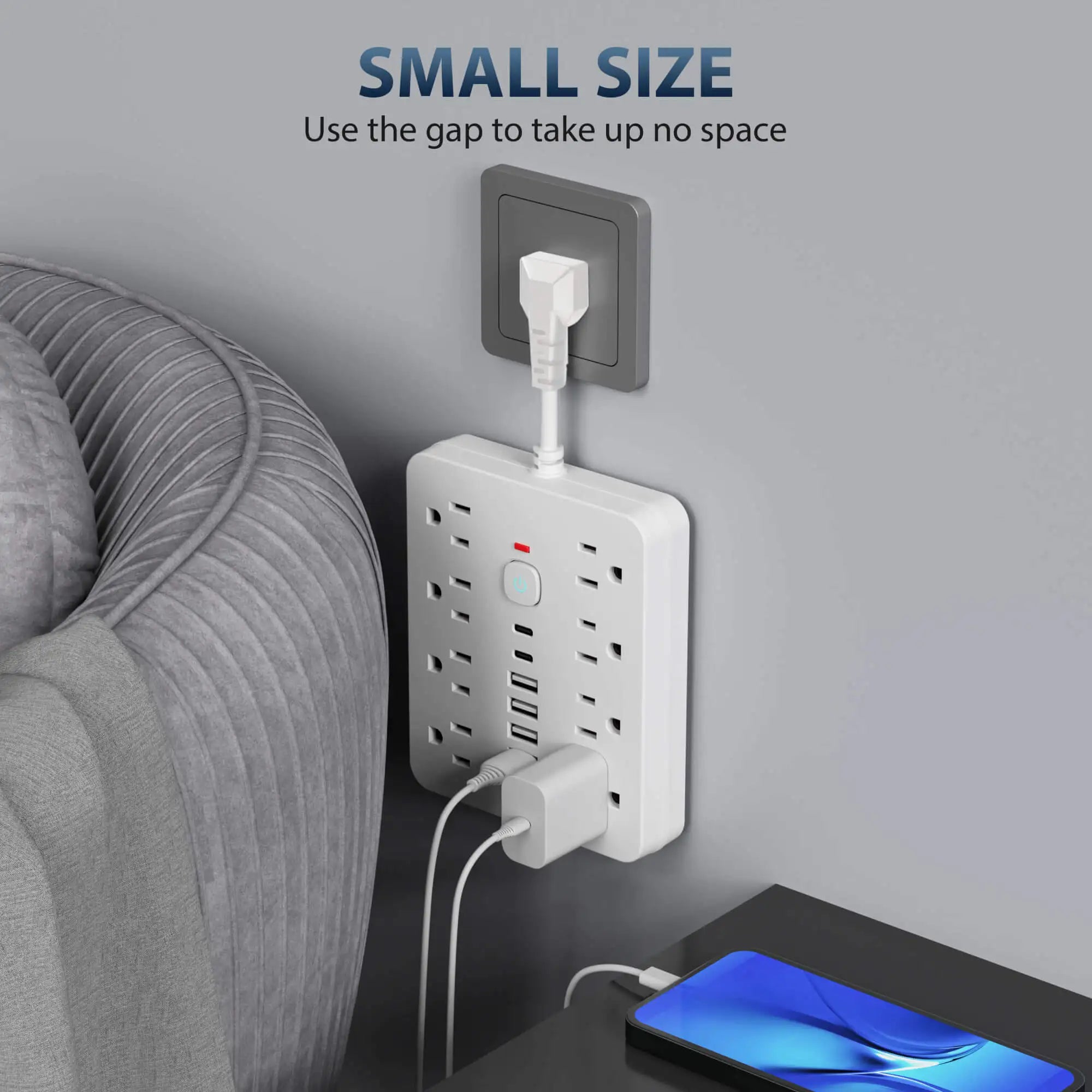 Power strip Surge protection and control switches. 8 AC power outlets and 6 USB ports (2 TYPE-C ports) in a short-cord design.