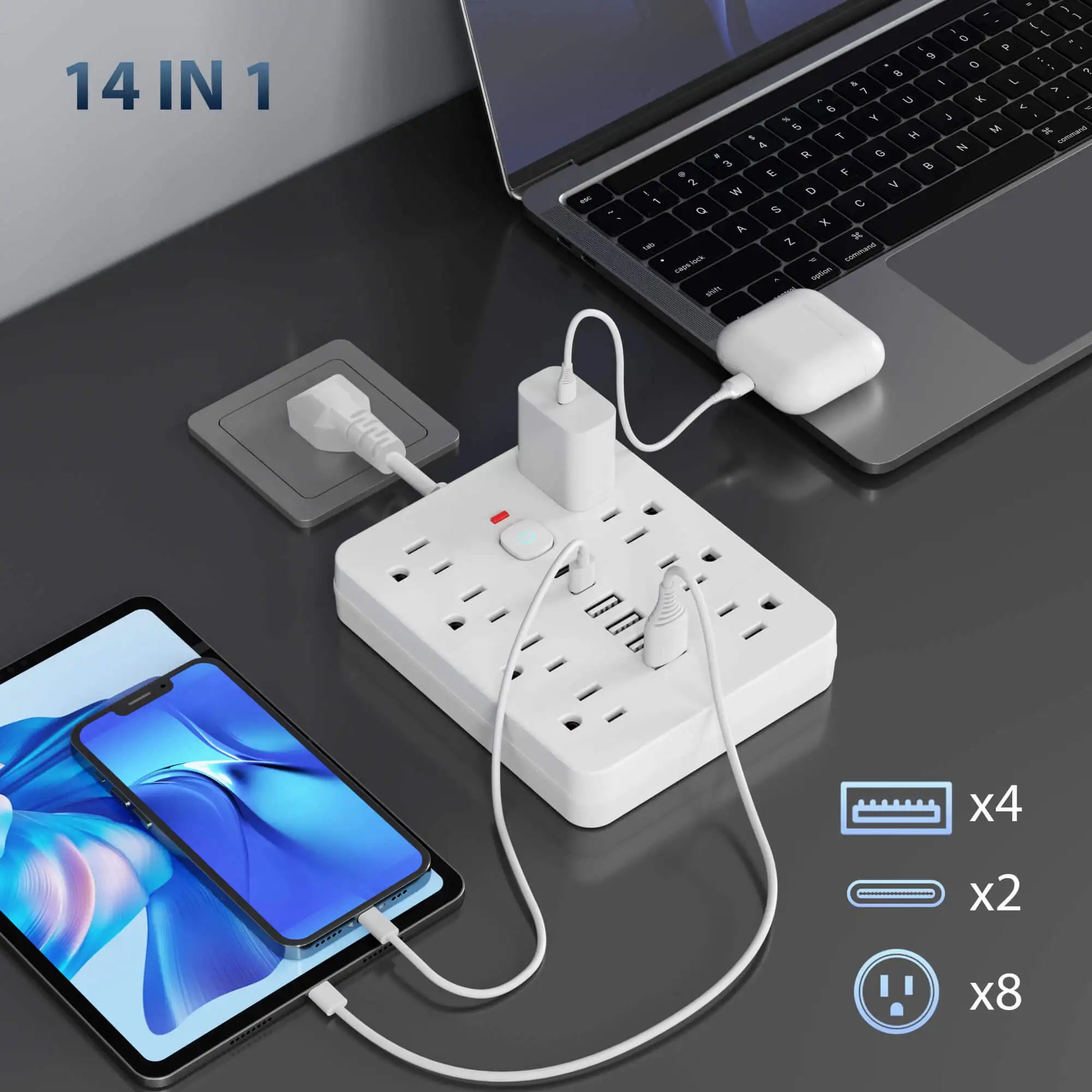 Power strip Surge protection and control switches. 8 AC power outlets and 6 USB ports (2 TYPE-C ports) in a short-cord design.