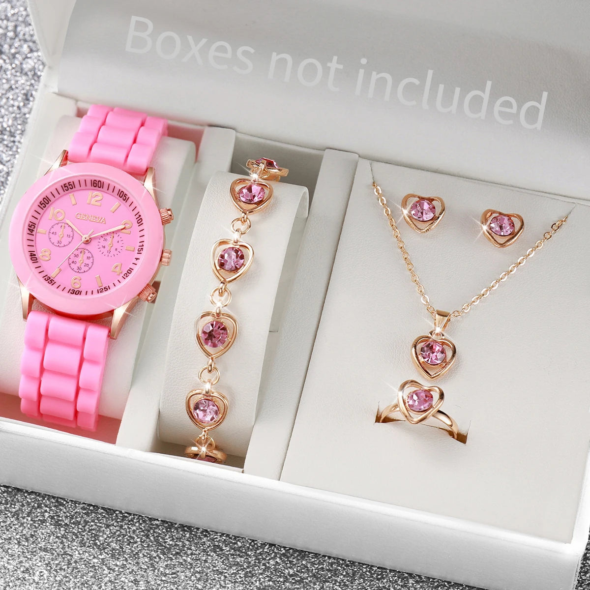 5PCS Set Luxury Watch Women Ring Necklace Earrings Rhinestone Fashion Wristwatch Female Casual Ladies Watches Bracelet Set Clock