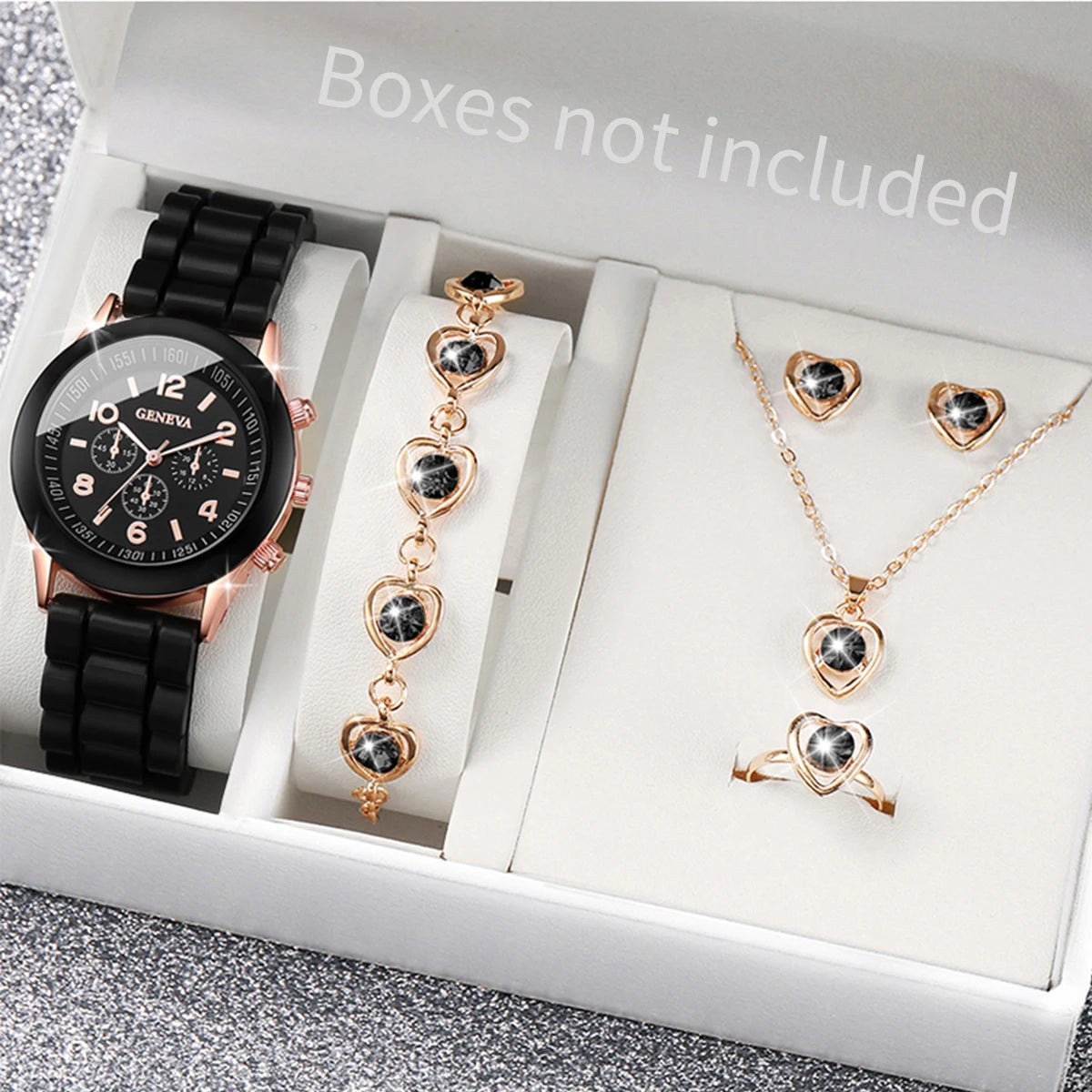 5PCS Set Luxury Watch Women Ring Necklace Earrings Rhinestone Fashion Wristwatch Female Casual Ladies Watches Bracelet Set Clock