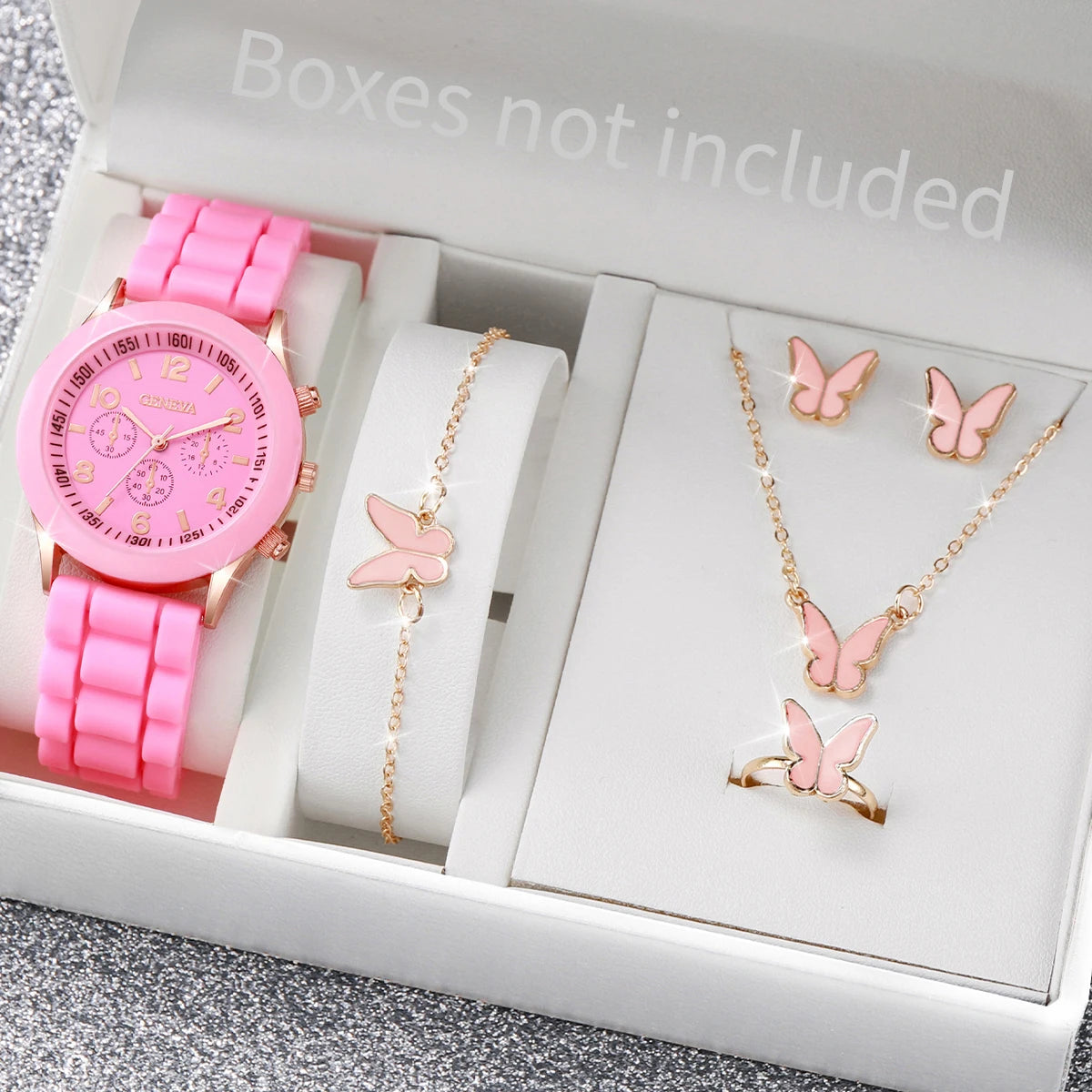 5PCS Set Luxury Watch Women Ring Necklace Earrings Rhinestone Fashion Wristwatch Female Casual Ladies Watches Bracelet Set Clock