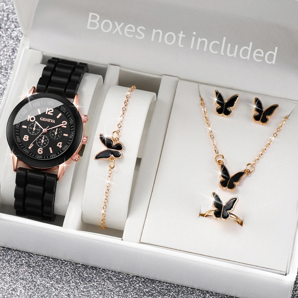 5PCS Set Luxury Watch Women Ring Necklace Earrings Rhinestone Fashion Wristwatch Female Casual Ladies Watches Bracelet Set Clock