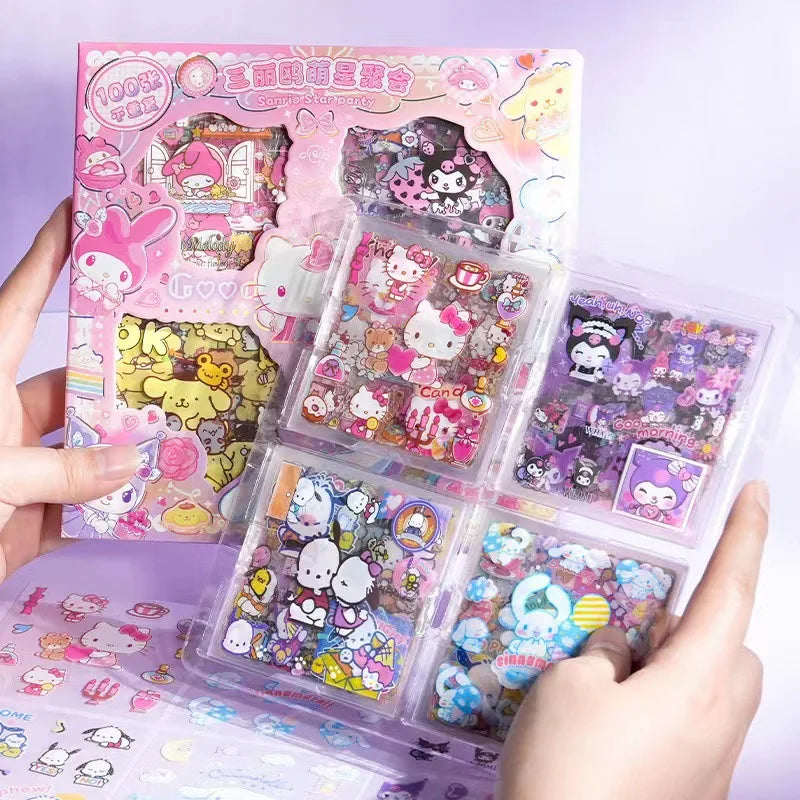 Hello Kitty Sanrio Non-Repeating 100-Piece Sticker Set Cinnamoroll Kuromi Waterproof Stationery Sticker Gift Box Birthday Gift