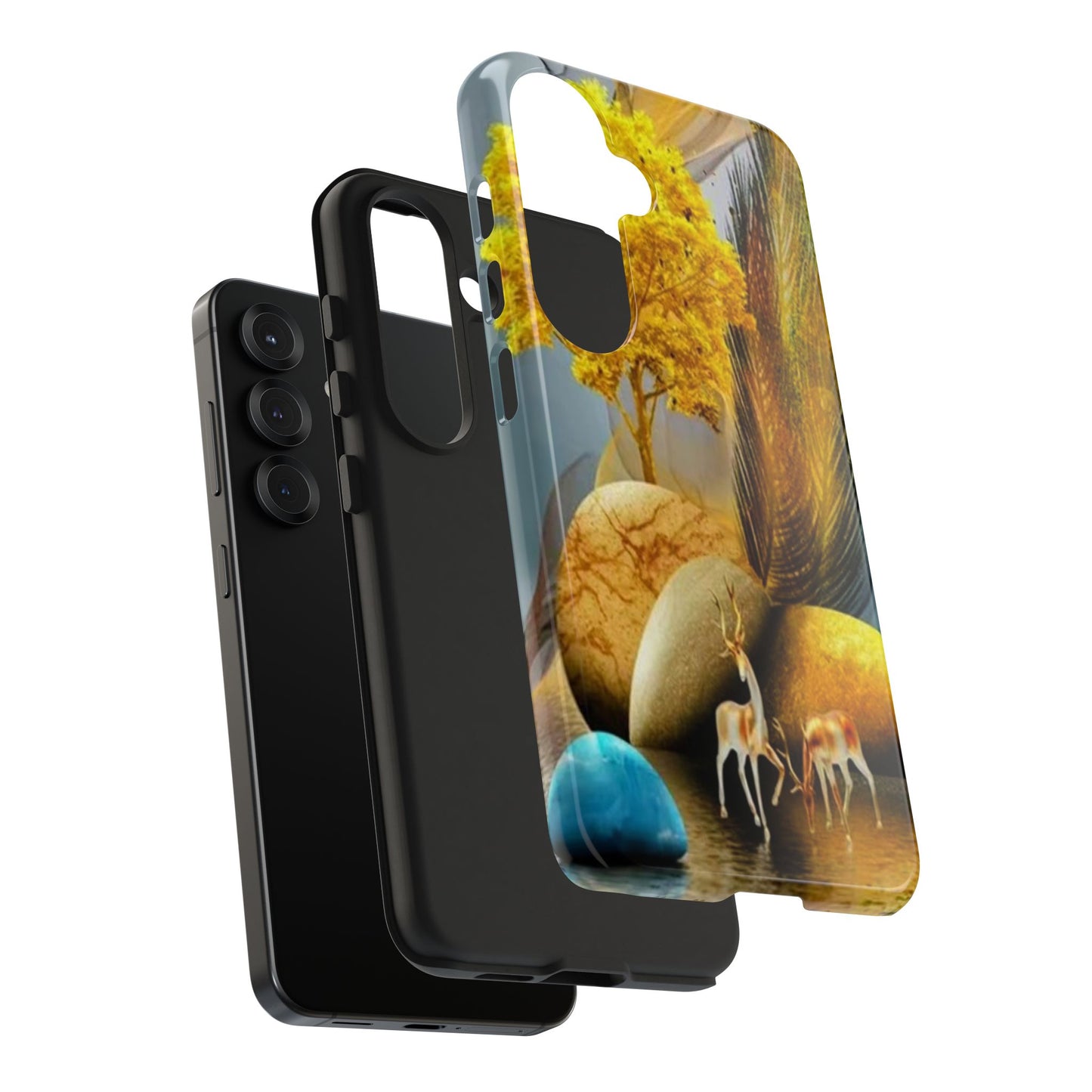 Artistic Golden Forest Phone Case — Deer & Pebble Landscape Tough Case