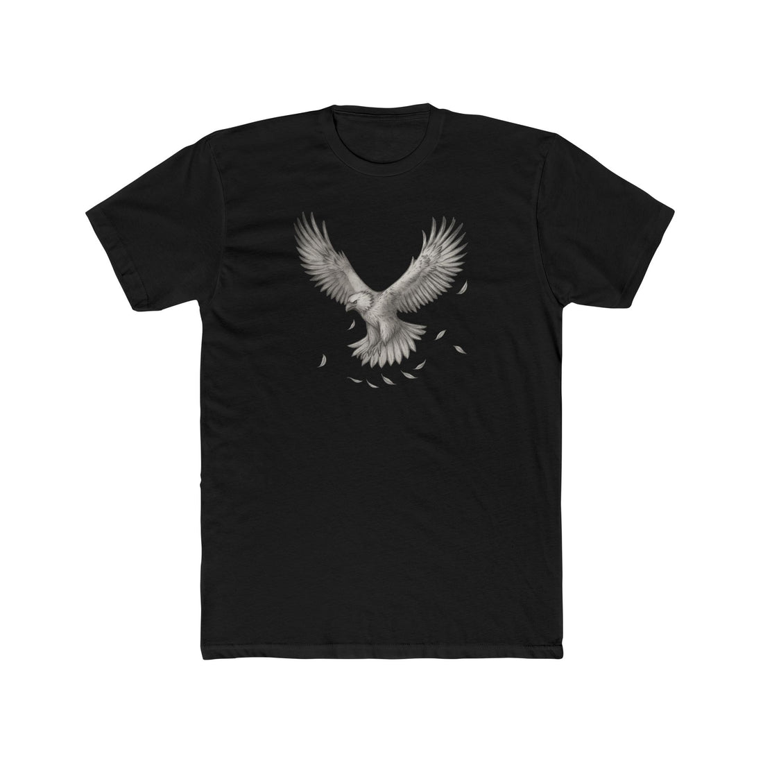 Black t-shirt with a white eagle design on a white background