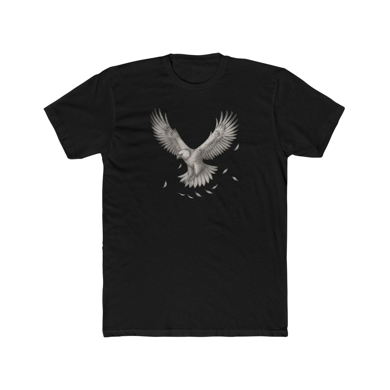 Black t-shirt with a white eagle design on a white background