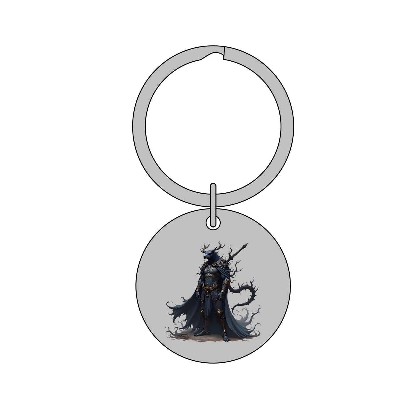 Round Stainless Steel Keychain — Engraved Dark Fantasy Knight / Mountain Night Design