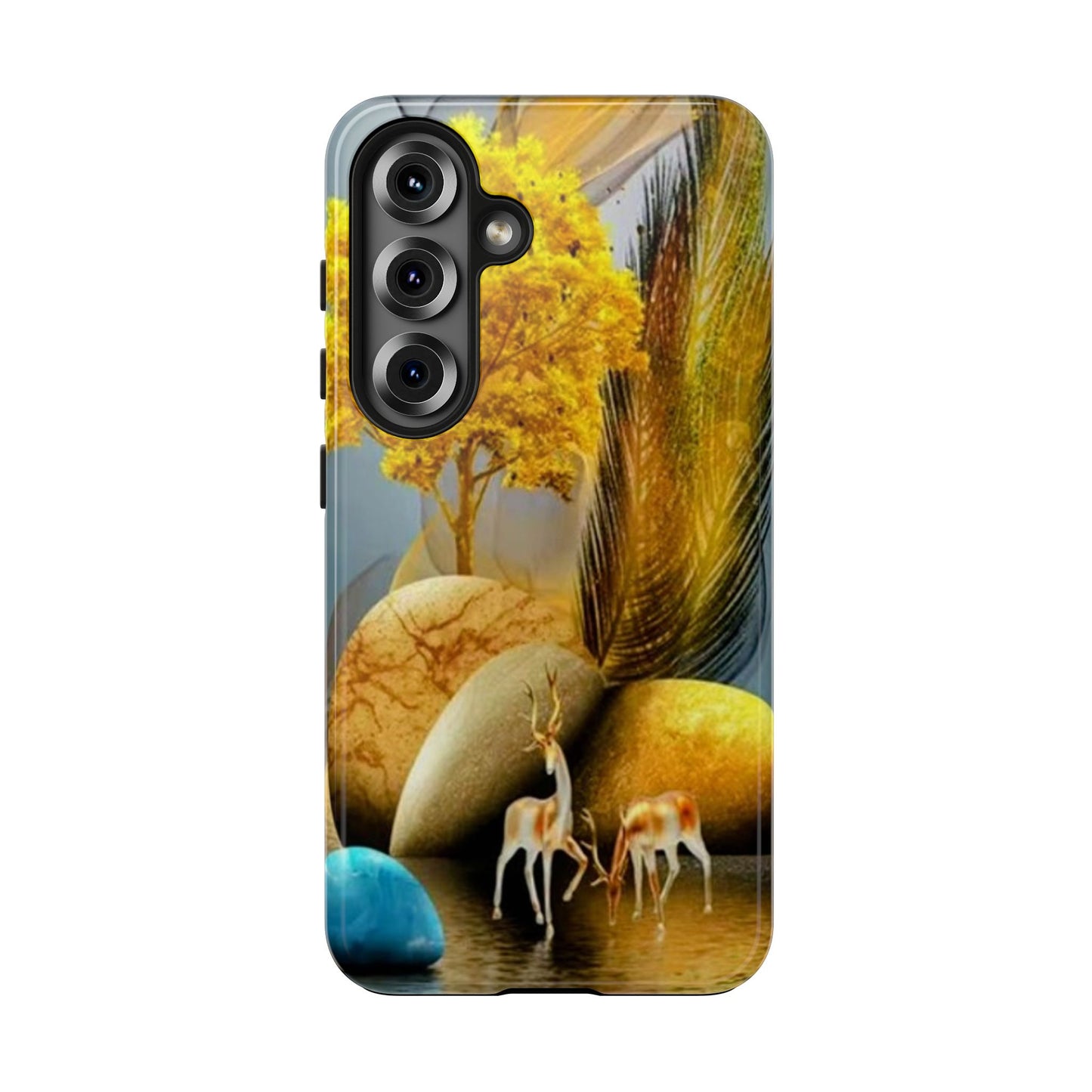 Artistic Golden Forest Phone Case — Deer & Pebble Landscape Tough Case