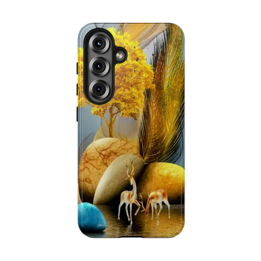 Artistic Golden Forest Phone Case — Deer & Pebble Landscape Tough Case