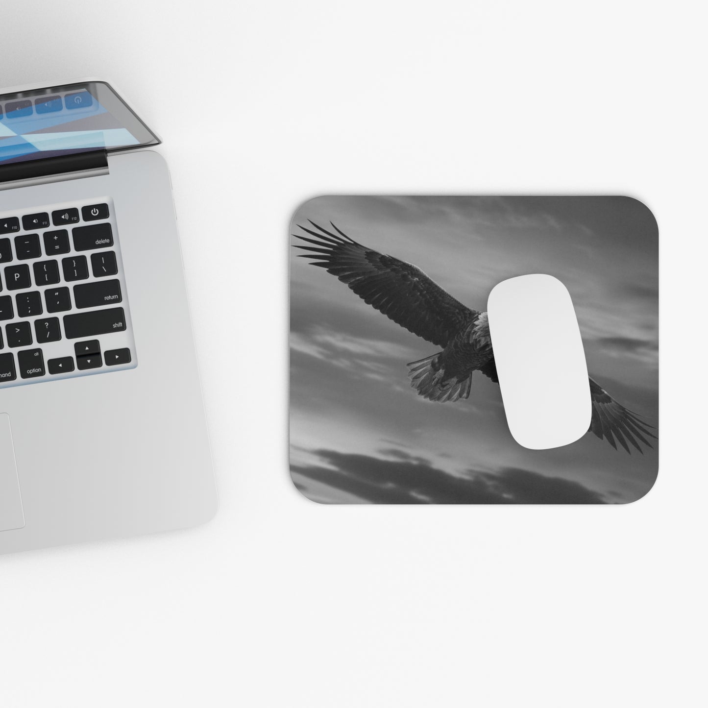 Eagle in Flight Rectangular Mouse Pad — Monochrome Soaring Wildlife Desk Mat