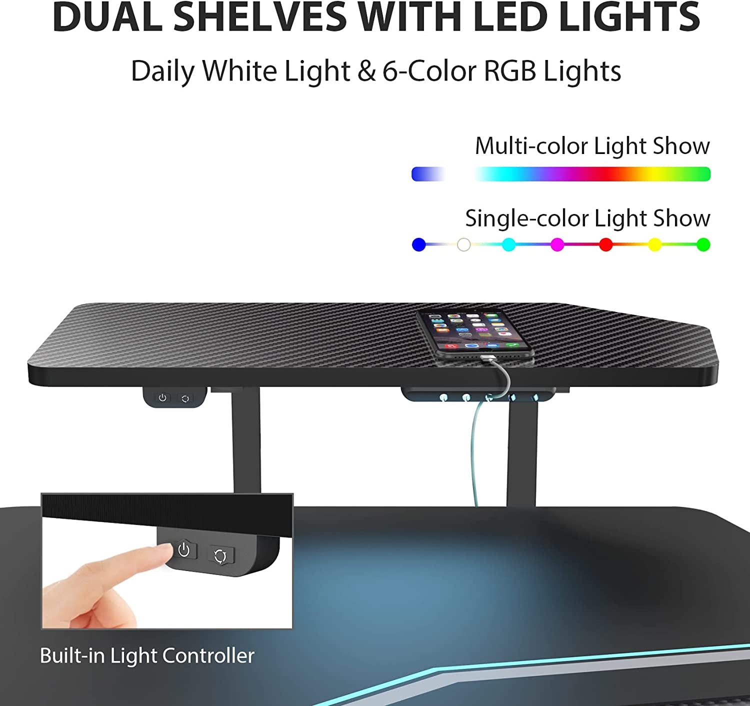 Gaming Desk, Standing Desk Keyboard Tray, 72&quot; Wing Shaped Music Studio Desk Electric Adjustable Height Desk Sit Stand Desk with LED Shelves, Gaming Recording Live Stream, Slot Design