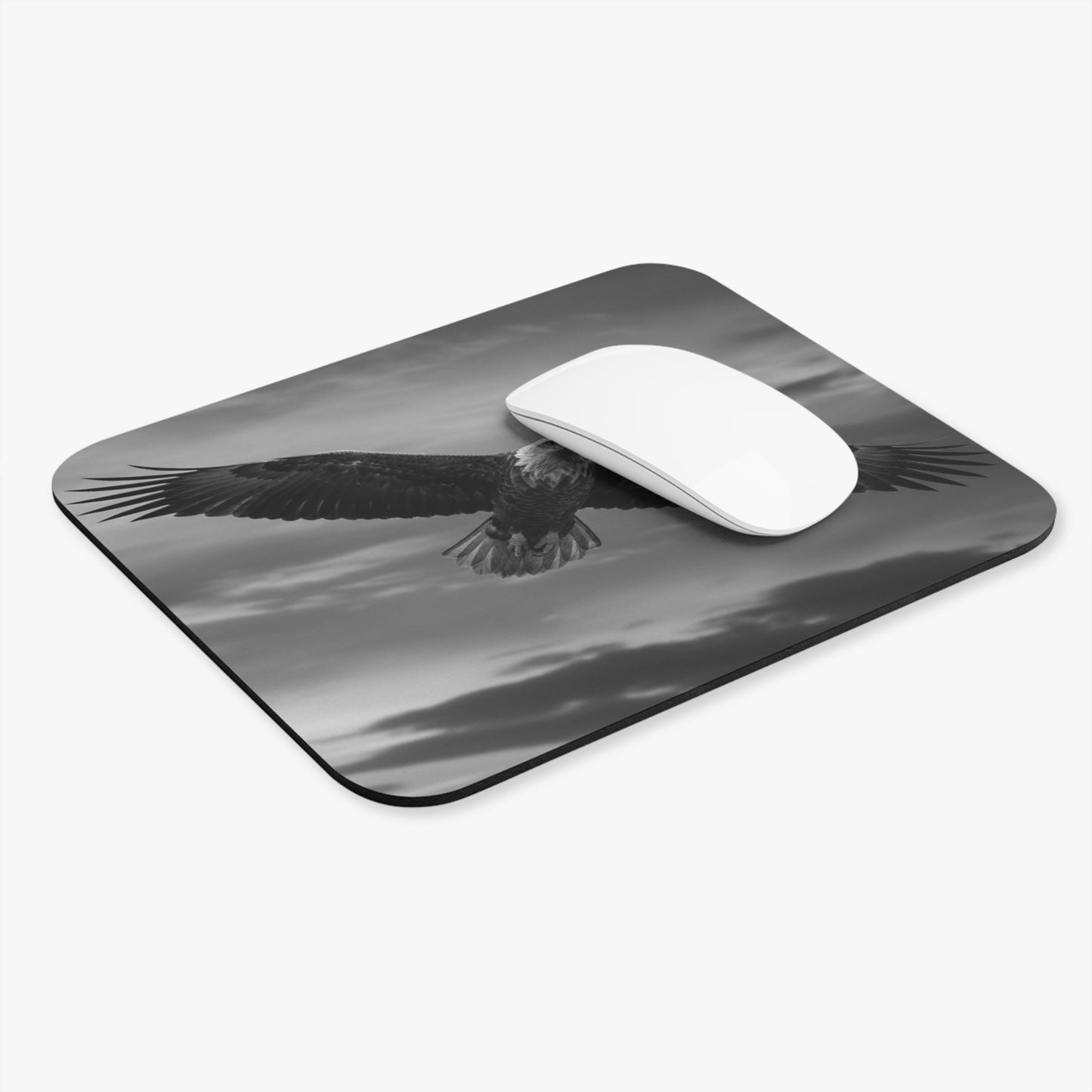 Eagle in Flight Rectangular Mouse Pad — Monochrome Soaring Wildlife Desk Mat