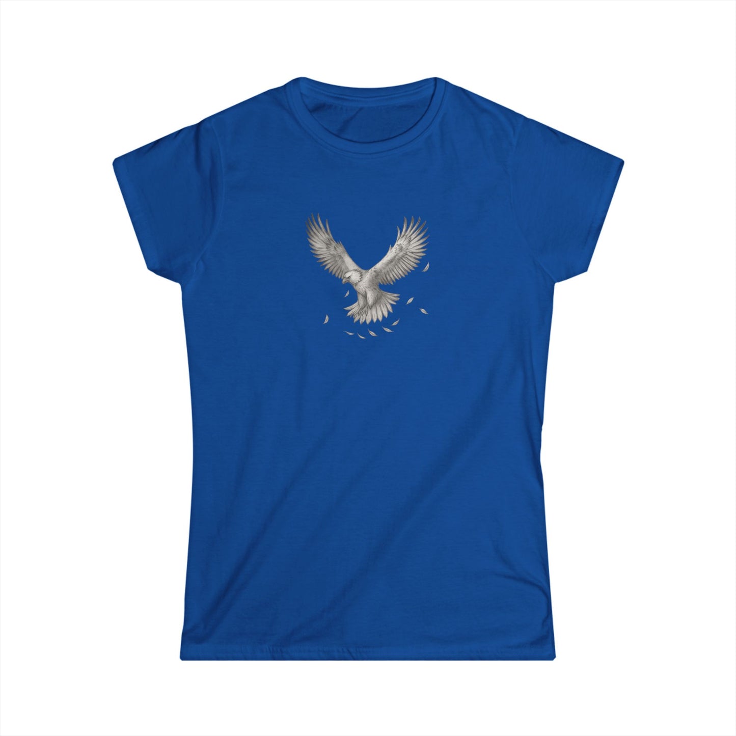 Blue t-shirt with a white eagle design on a white background
