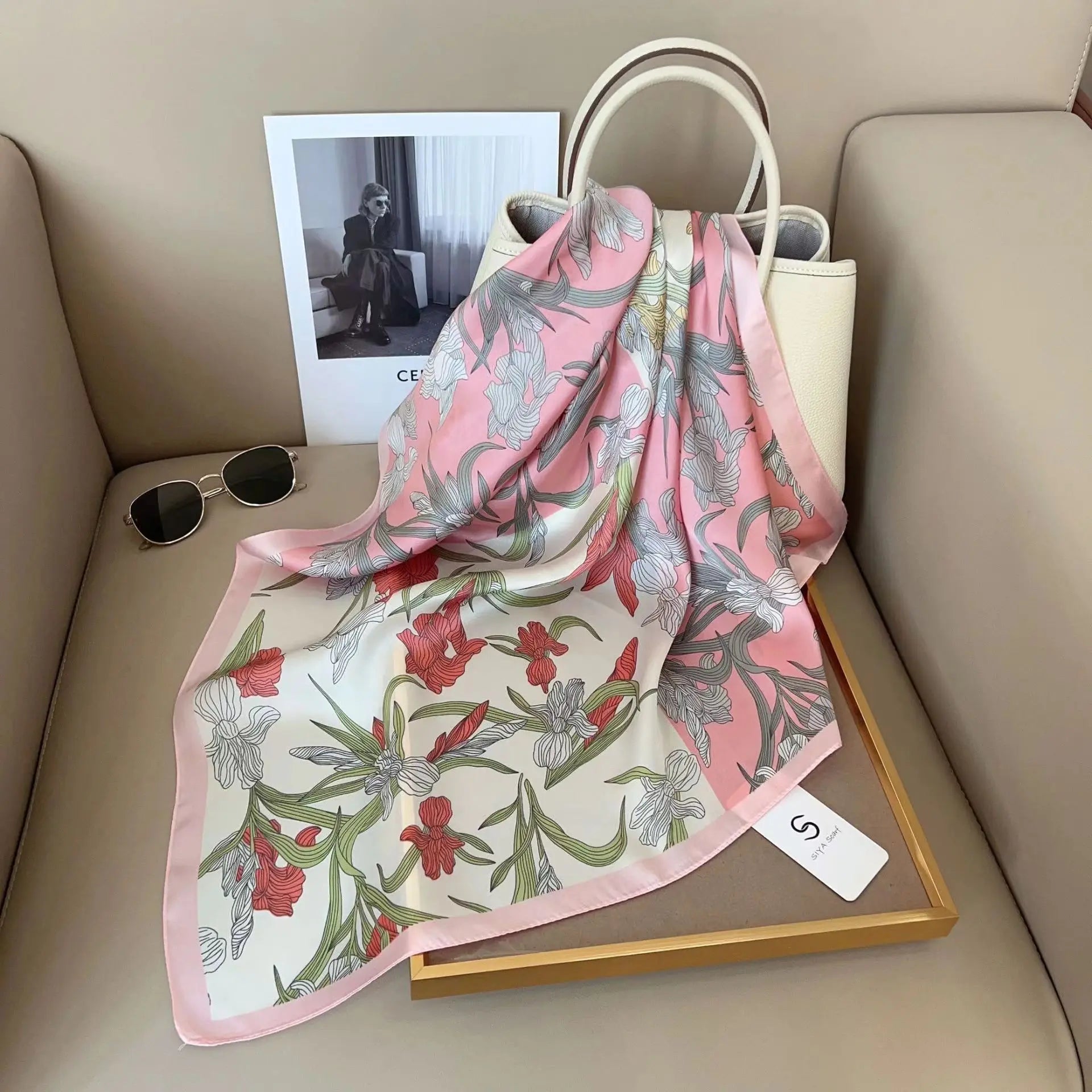 SIMPLEJEWEL 70cm Silk Square Scarf Women Satin Bandana Print Scarves Head Band Fashion Lady Hair Shawl Wrap Neckerchief Hijab