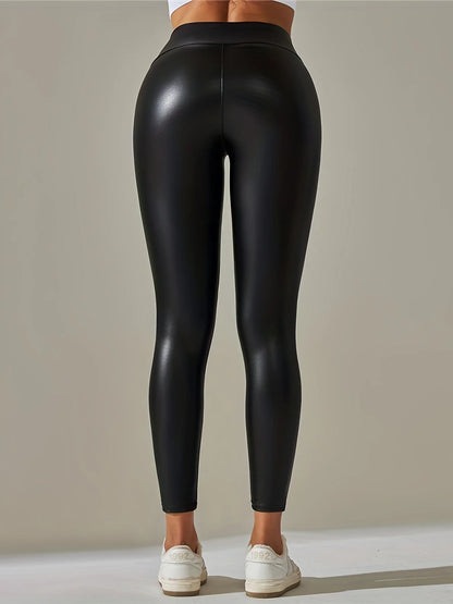 Gothic Solid PU Leather High Waist Leggings, Casual Skinny Long Length Sexy Leggings, Women&