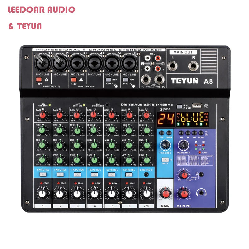 TEYUN 8 6 4 Channel DJ Sound Mixing Table 24 DSP Effect Audio Mixer Bluetooth PC USB Play Recording 48V Contoller Mixing Console