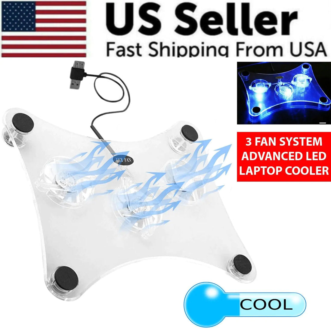 3-Fan USB Cooler Cooling Pad Stand with LED Light for Laptop