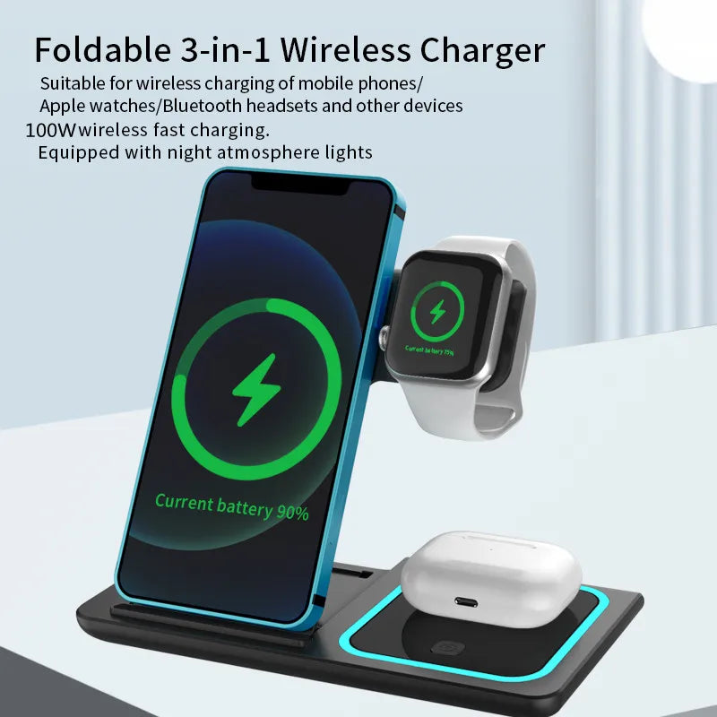 30W 3 in 1 Foldable LED Fast Wireless Charger Stand For iPhone 15 14 13 12 Apple Watch Airpods Pro iWatch 8 7 Charging Station