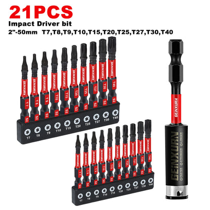 T7-T40 Torx Screwdriver Bit Set,Impact Tough Magnetic S2 Alloy Steel Star Bit with Base