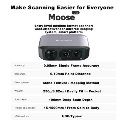 3D Scanner Moose Lite for 3D Printing - 3D Printer Accessories NIR Light &amp; AI Visual Tracking Technology 0.05mm Accuracy