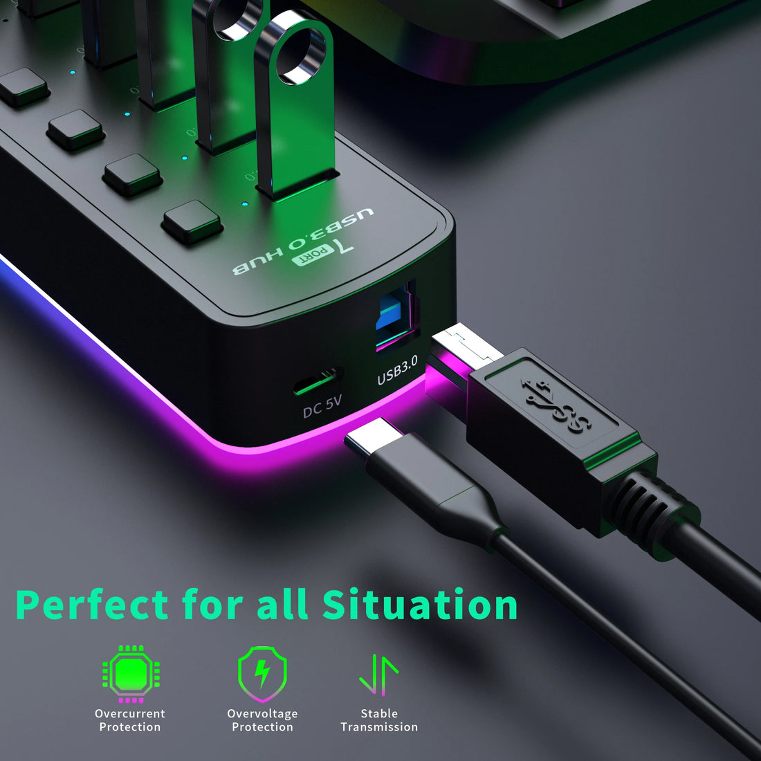 7 Ports USB 3.0 Hub 5Gbps High Speed USB Splitter Adapter Individual On/Off Switch For PC Computer Accessories SSD RGB USB Hub