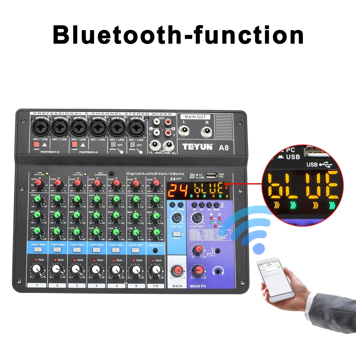 TEYUN 8 6 4 Channel DJ Sound Mixing Table 24 DSP Effect Audio Mixer Bluetooth PC USB Play Recording 48V Contoller Mixing Console