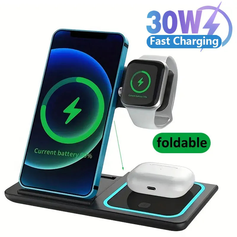 30W 3 in 1 Foldable LED Fast Wireless Charger Stand For iPhone 15 14 13 12 Apple Watch Airpods Pro iWatch 8 7 Charging Station