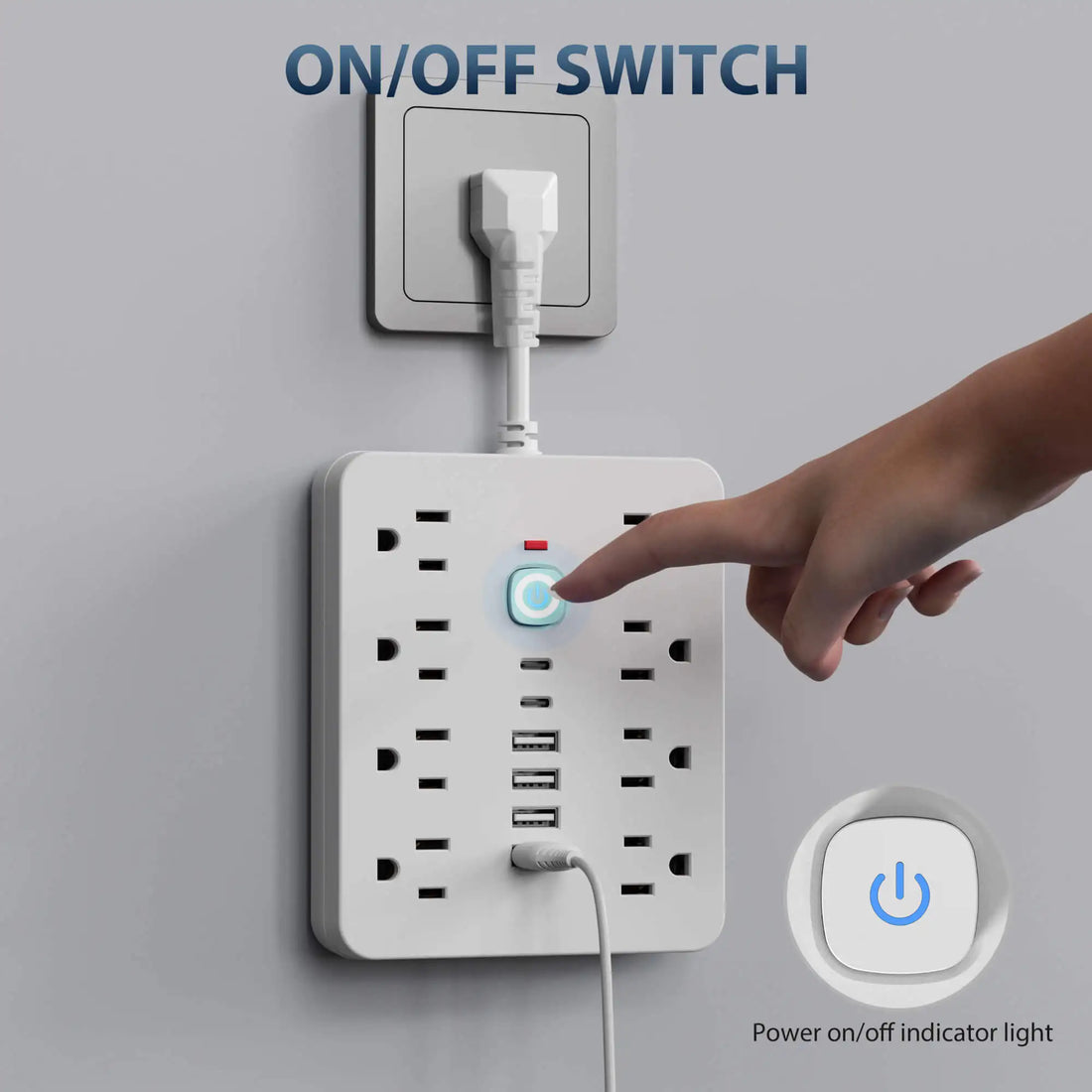 Power strip Surge protection and control switches. 8 AC power outlets and 6 USB ports (2 TYPE-C ports) in a short-cord design.