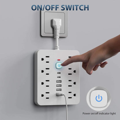 Power strip Surge protection and control switches. 8 AC power outlets and 6 USB ports (2 TYPE-C ports) in a short-cord design.