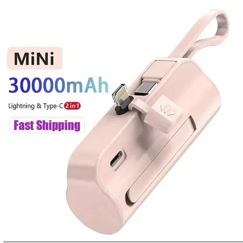 Mini Power Bank 30000mAh Built in Cable 2 in 1 Power Bank Battery Portable Charger for IPhone Samsung Xiaomi Spare Power Bank