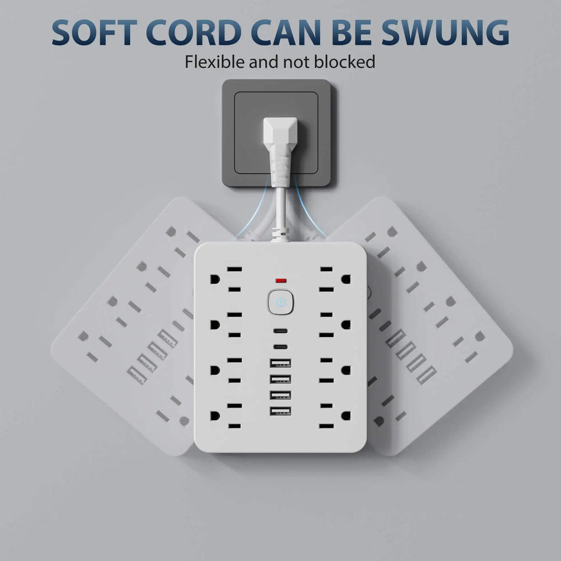 Power strip Surge protection and control switches. 8 AC power outlets and 6 USB ports (2 TYPE-C ports) in a short-cord design.