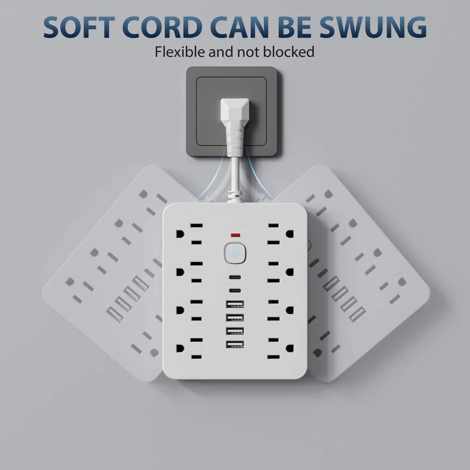 Power strip Surge protection and control switches. 8 AC power outlets and 6 USB ports (2 TYPE-C ports) in a short-cord design.