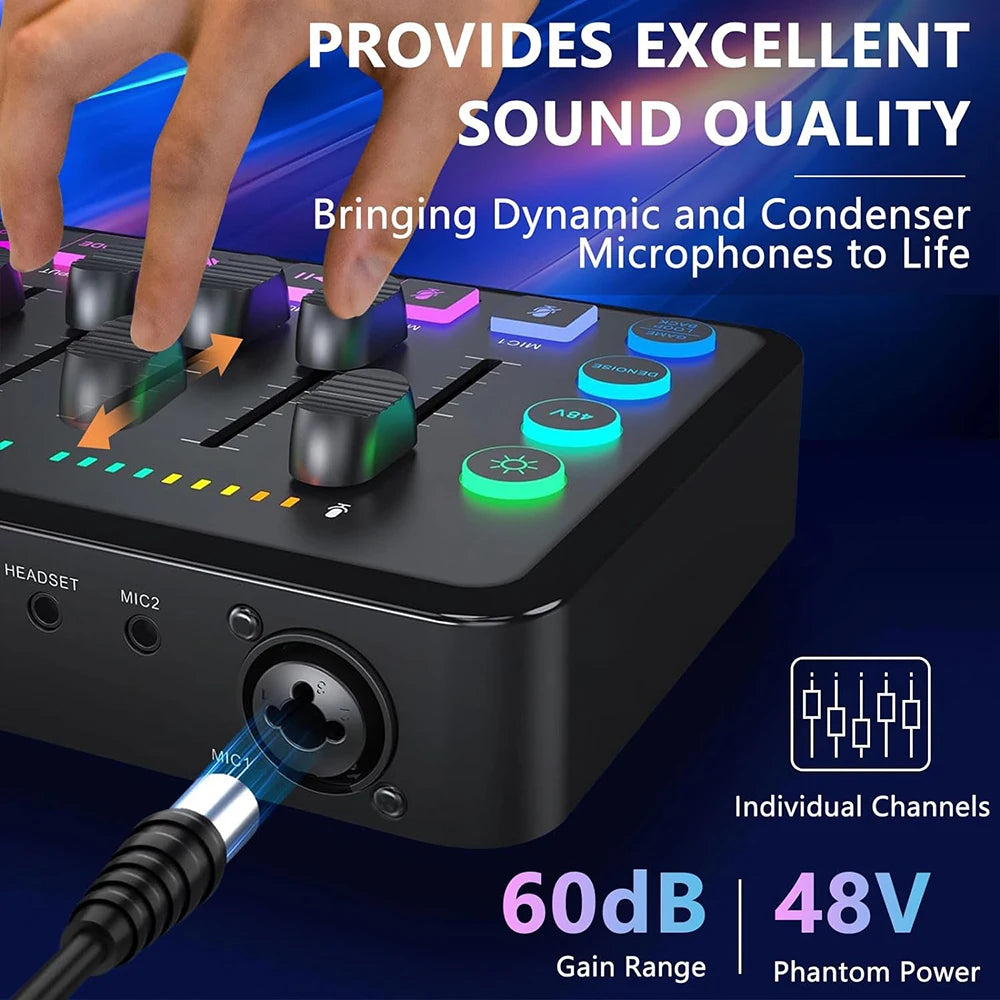 Gaming Audio Mixer,Rechargeable Audio Interface RGB Mixer with XLR Microphone Interface,48V Phantom Power,for Podcast/Recording