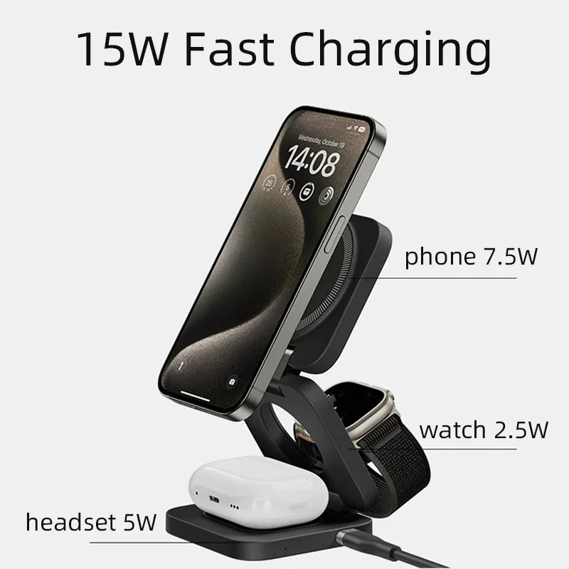 3 In 1 Magnetic Wireless Charger Stand Pad For iPhone 15 14 13 Pro Max AirPods 3 2 IWatch Foldable Fast Charging Dock Station