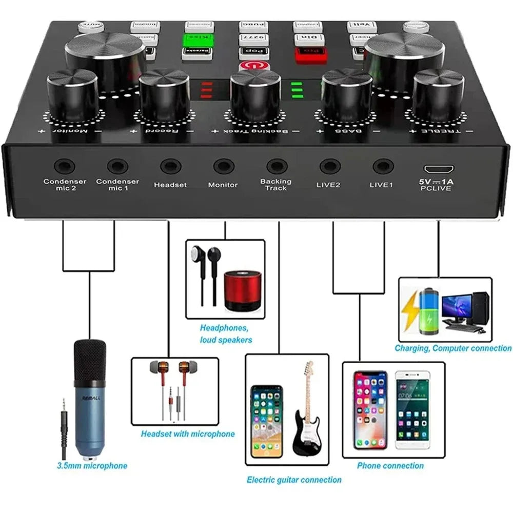 H Podcast Microphone Sound Card V8S Microphone Sound Mixer live sound card Audio Mixing Console Amplifier for Livestreaming