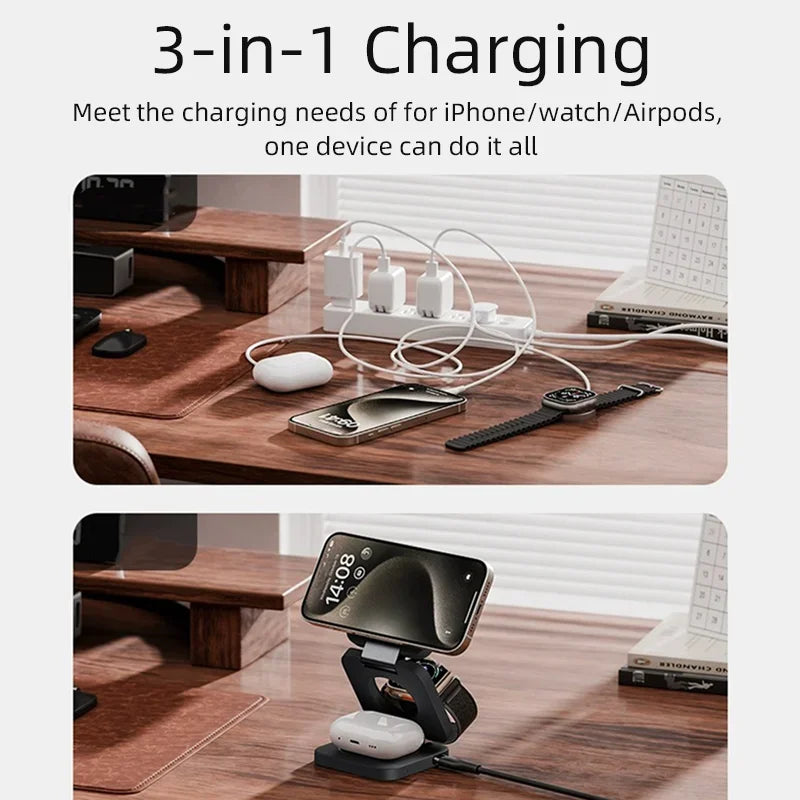 3 In 1 Magnetic Wireless Charger Stand Pad For iPhone 15 14 13 Pro Max AirPods 3 2 IWatch Foldable Fast Charging Dock Station