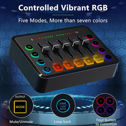 Gaming Audio Mixer,Rechargeable Audio Interface RGB Mixer with XLR Microphone Interface,48V Phantom Power,for Podcast/Recording